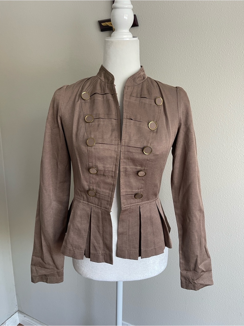 Arden B Taupe Military-Style Peplum Jacket with Gold Buttons